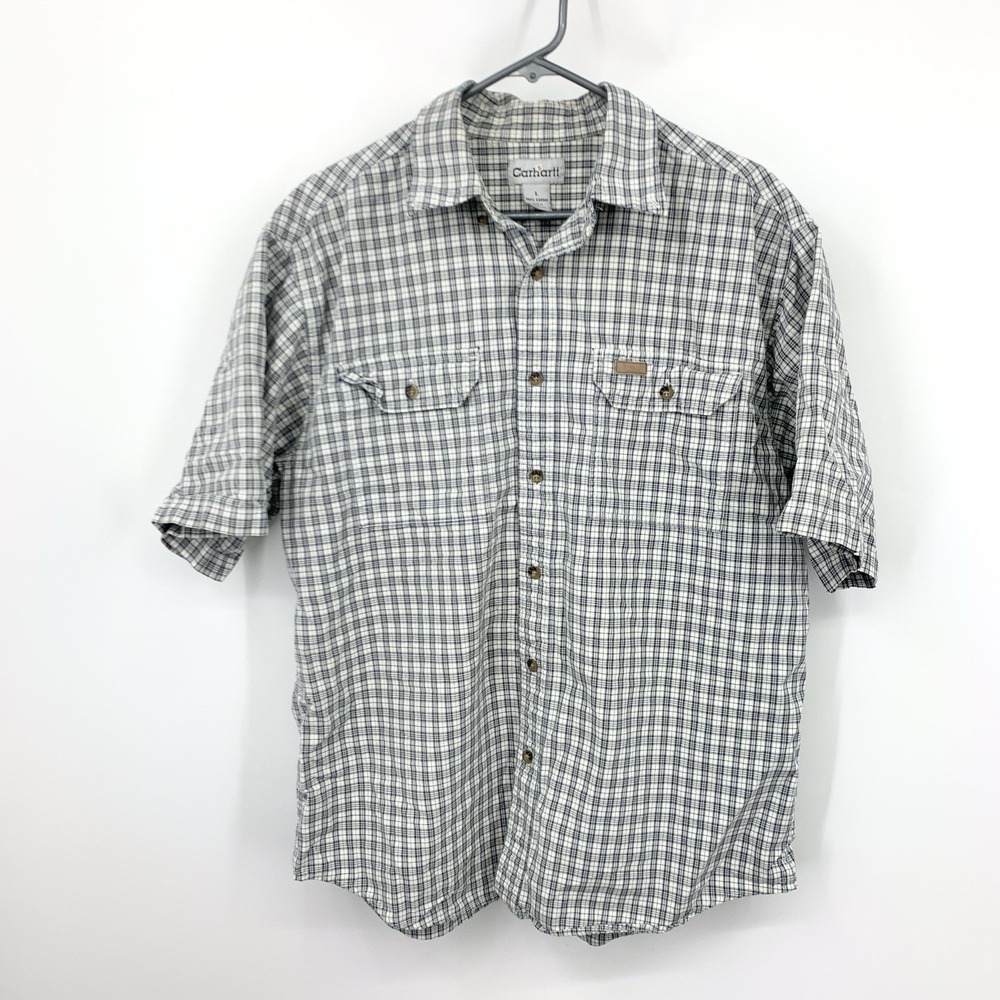 Carhartt Men Size Large Shirt Short Sleeve Top Blue White Checkered Plaid Cotton
